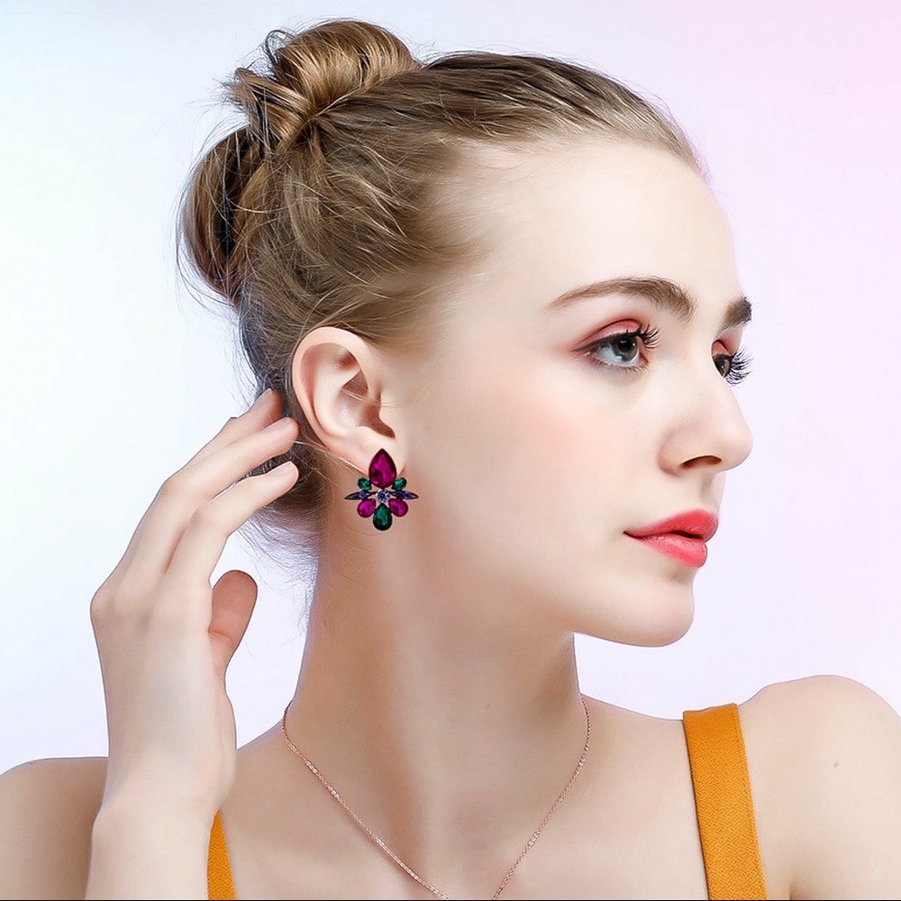 Any 2/$20! Fuschia/Purple & Green Crystal Stud Statement Earrings - Picture 2 of 7